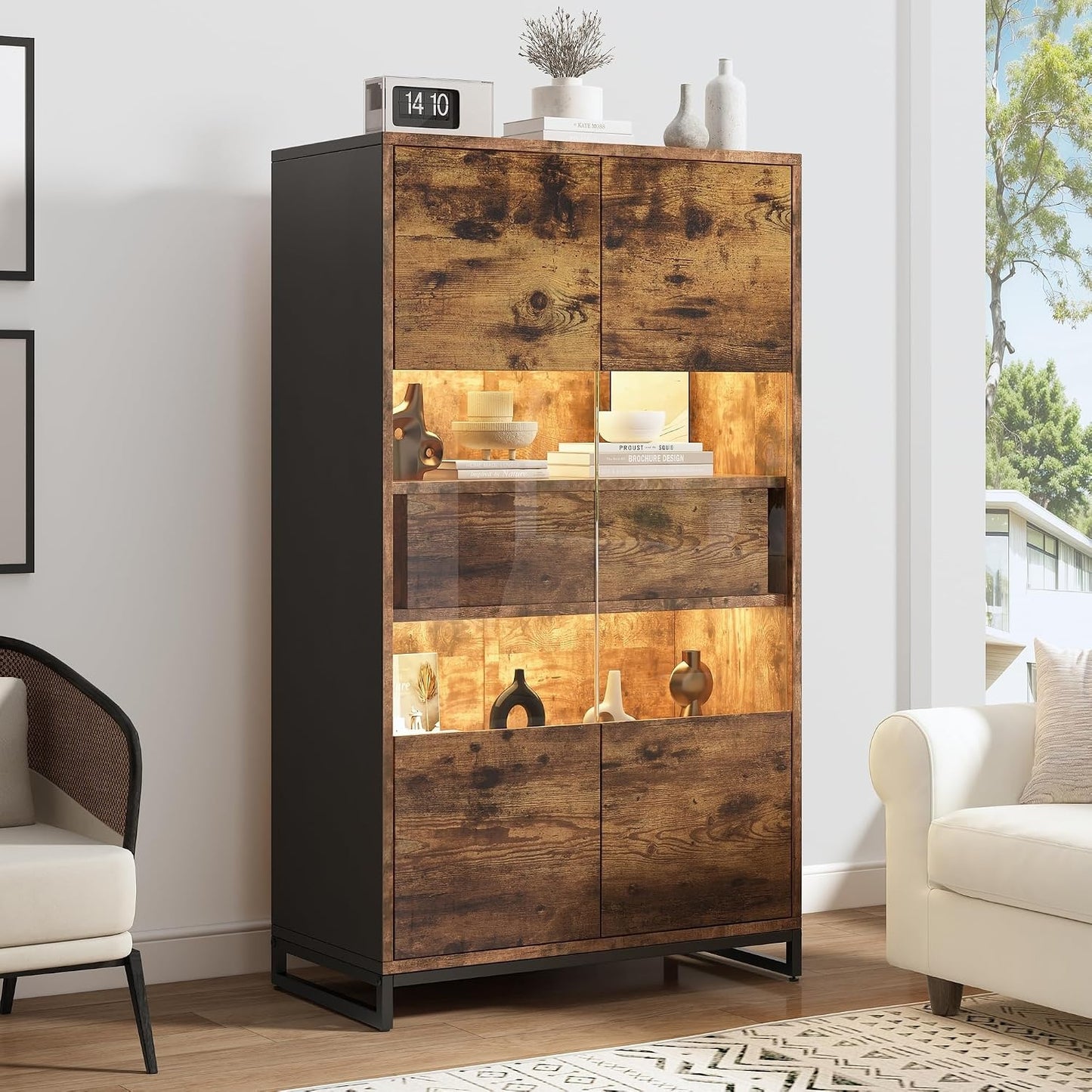 Vitrine haute avec eclairage LED, deux portes et deux tiroirs, meuble de collection vintage marron pour salon bureau ou repas