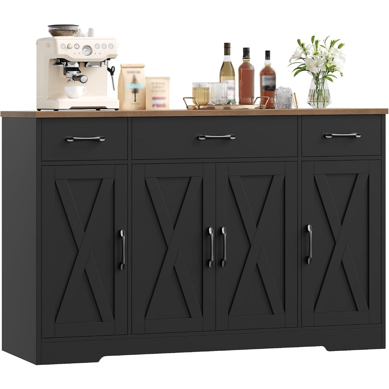 Meuble de cuisine 140 cm avec quatre portes, trois tiroirs et etageres ajustables, combinaison noir et effet bois ancien