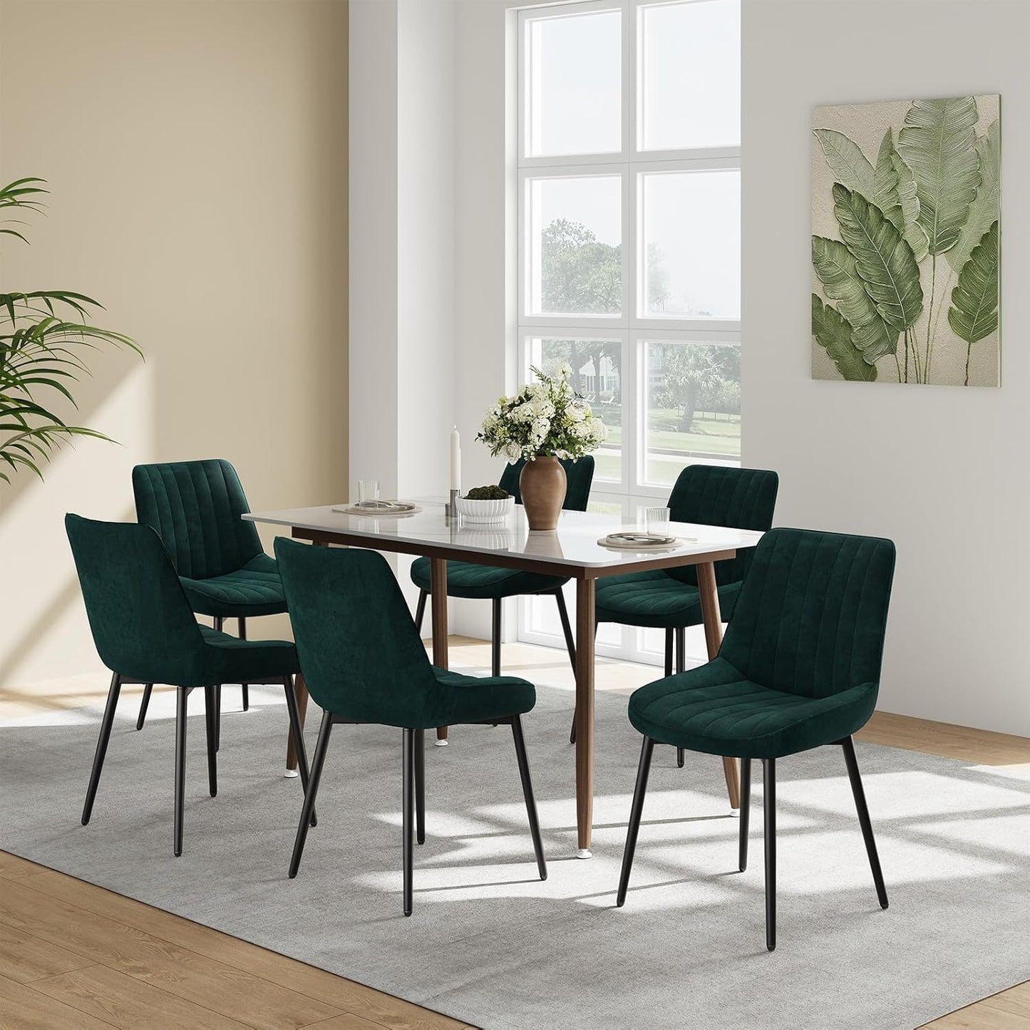 Ensemble de 6 chaises repas vertes en velours avec rembourrage epais, pieds metalliques stables et finition antiderapante