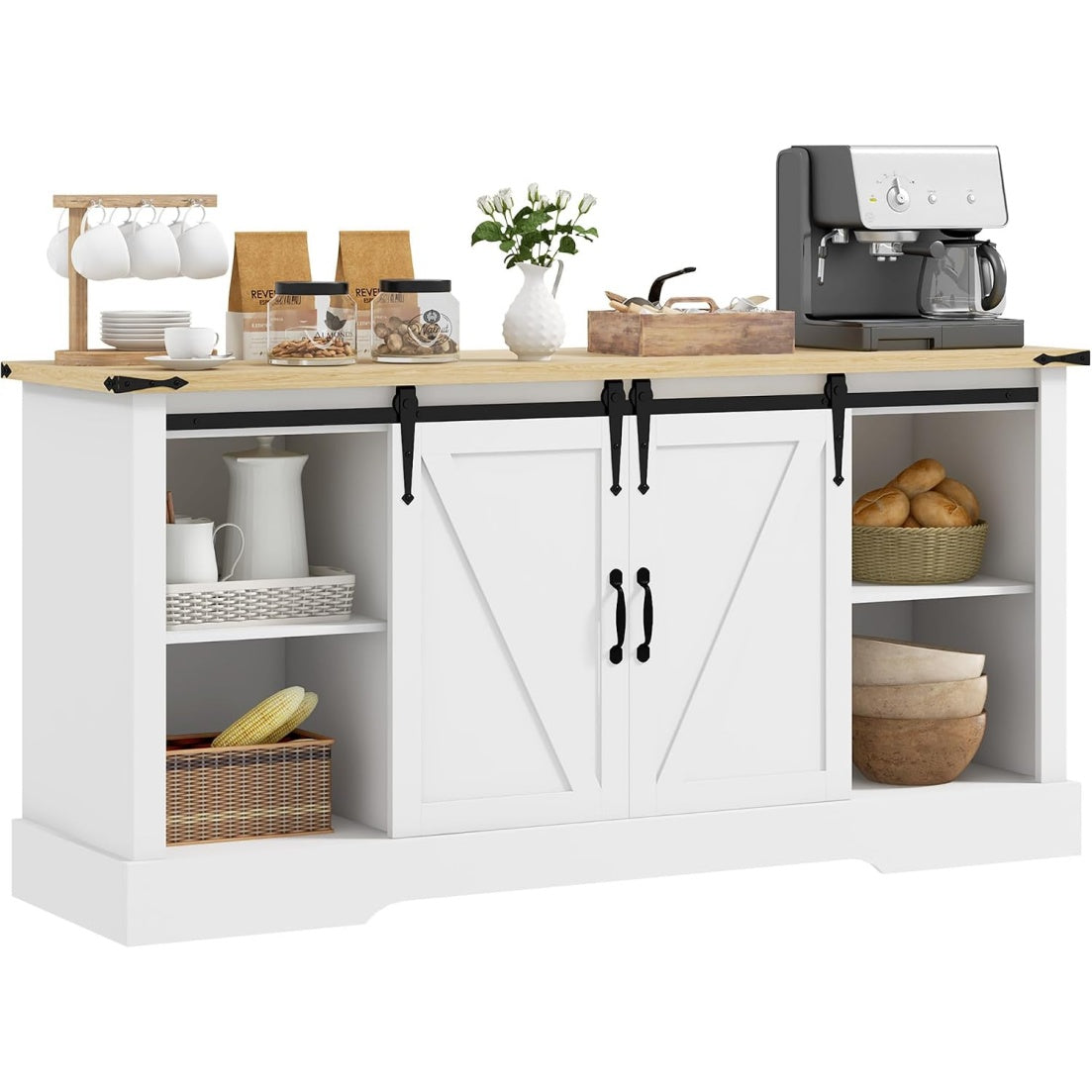 Buffet blanc et chene avec deux portes coulissantes, dimensions 150 x 40 x 72 cm, meuble bas pratique