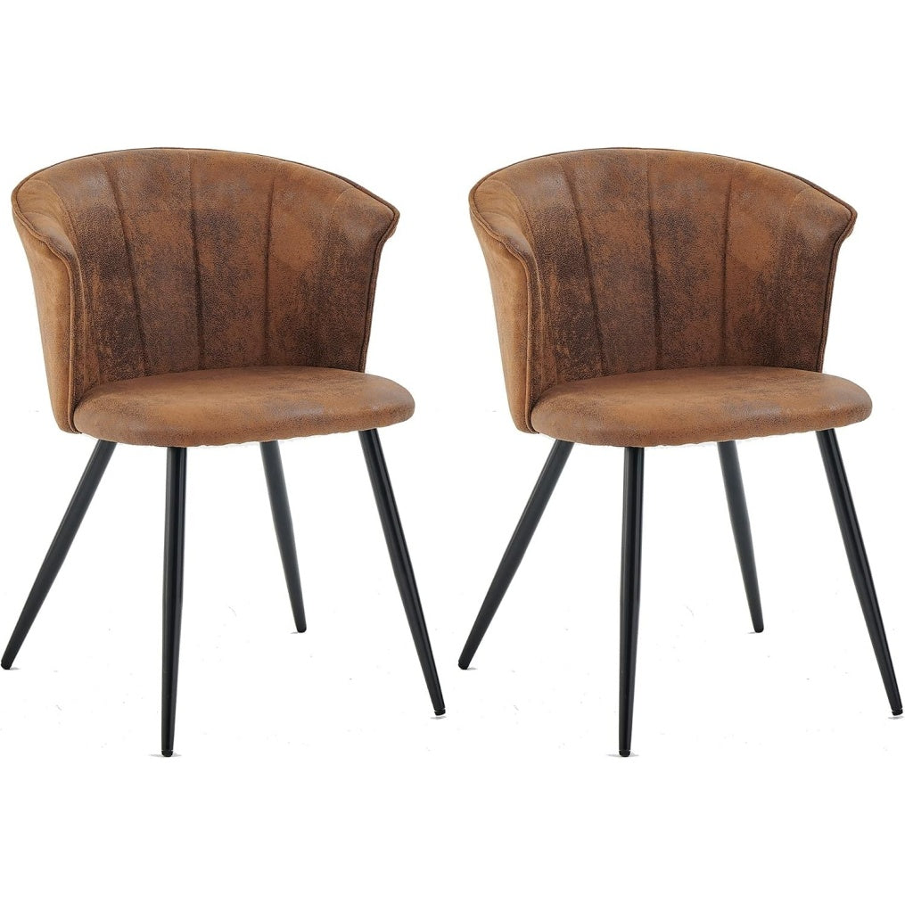 Paire de fauteuils retro en suedine marron avec assise rembourree et pieds metalliques, style industriel contemporain