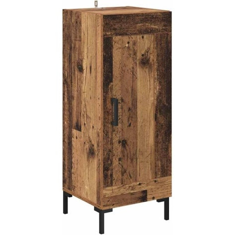 Meuble d appoint style vintage 34,5 x 34 x 90 cm en bois effet ancien et metal, avec porte battante et poignee noire