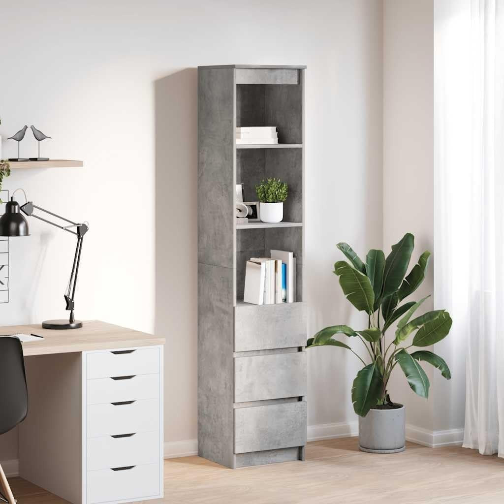 Armoire haute gris beton 37,5 x 35 x 180 cm en bois composite, meuble de rangement moderne pour cuisine salon et salle a manger