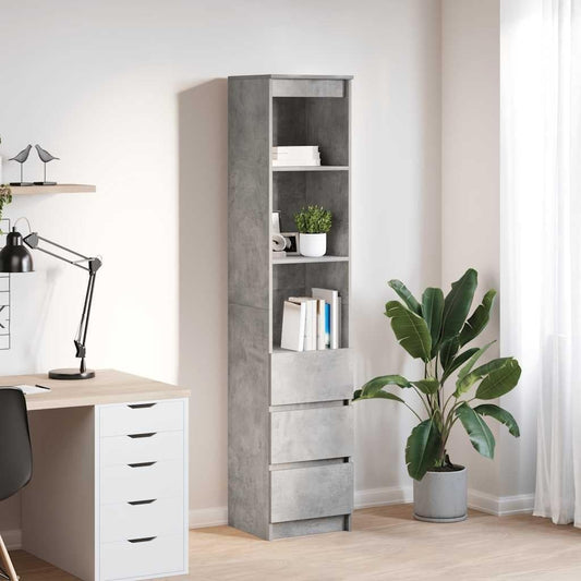 Armoire haute gris beton 37,5 x 35 x 180 cm en bois composite, meuble de rangement moderne pour cuisine salon et salle a manger