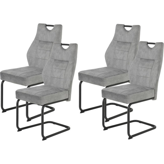 Lot de quatre chaises luge en microfibre argentee, base tubulaire grise et conception resistante jusqu'a 140 kg