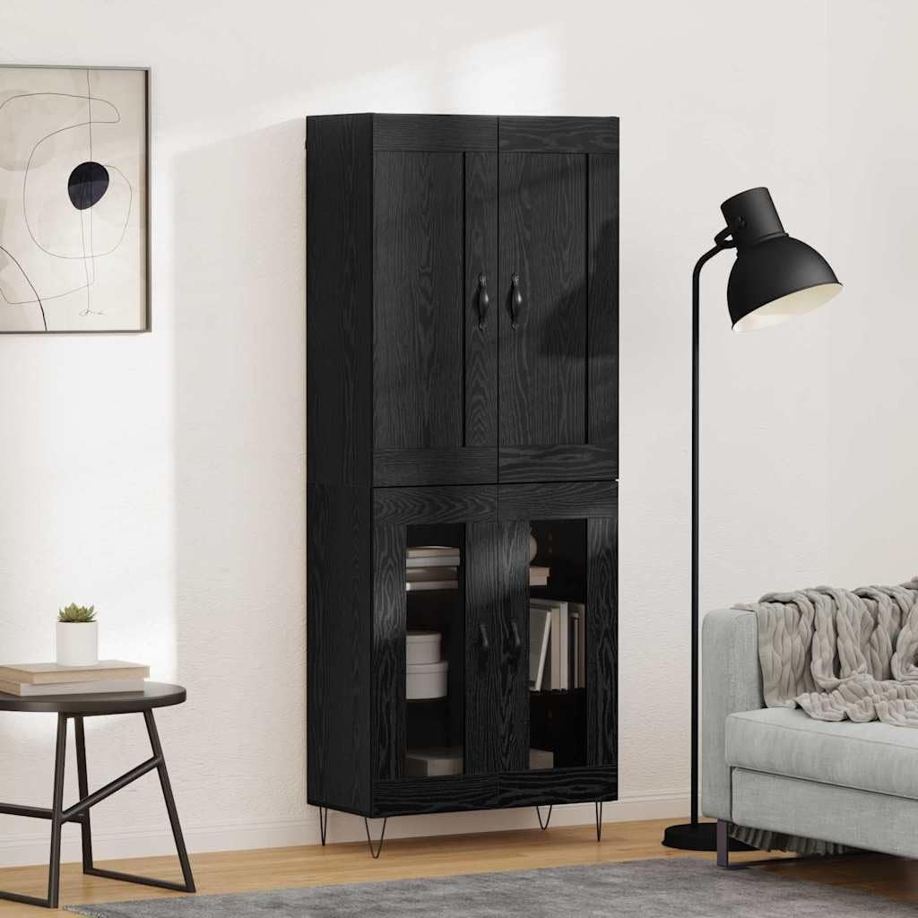 Buffet colonne noir effet chene 180 cm avec espace rangement, meuble haut pour cuisine ou salle a manger