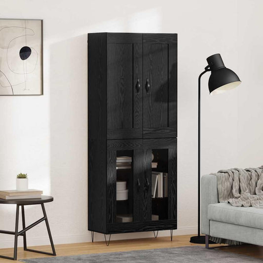 Buffet colonne noir effet chene 180 cm avec espace rangement, meuble haut pour cuisine ou salle a manger