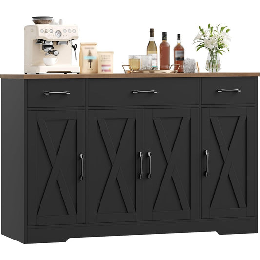 Meuble de cuisine 140 cm avec quatre portes, trois tiroirs et etageres ajustables, combinaison noir et effet bois ancien