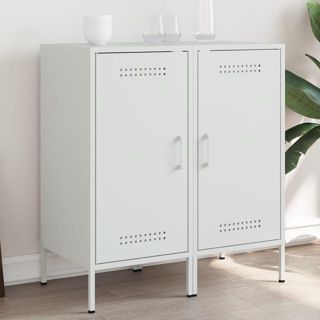Ensemble de deux meubles de rangement blancs en acier lamine a froid 36 x 39 x 79 cm, mobilier d appoint moderne pour salon salle a manger et interieur