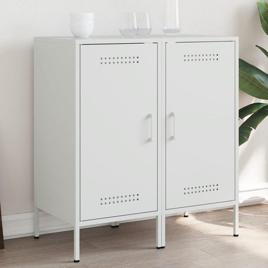 Ensemble de deux meubles de rangement blancs en acier lamine a froid 36 x 39 x 79 cm, mobilier d appoint moderne pour salon salle a manger et interieur