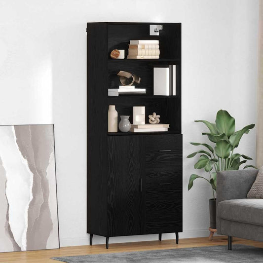 Vitrine haute finition chene noir 69,5 x 34 x 180 cm avec panneaux composites et elements en verre, meuble de rangement elegant