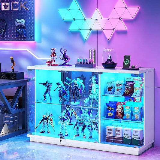 Vitrine blanche en verre avec eclairage LED et detection automatique, meuble decoratif pour salon