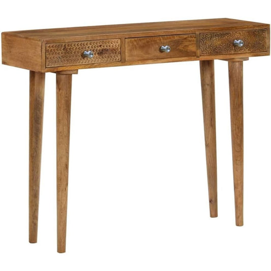 Console en bois de manguier massif 102 cm avec trois tiroirs sculptes a la main, rangement decoratif pour cuisine ou salle a manger