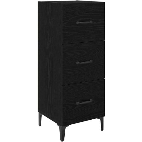 Meuble d'appoint chene noir 90 cm avec trois tiroirs, pieds metal et poignees en forme de D pour interieur moderne