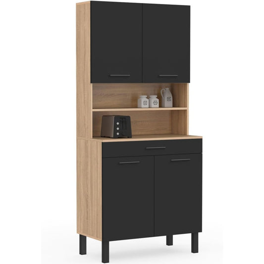 Buffet cuisine compact 80 cm avec quatre portes et tiroir fonctionnel, finition contrastee bois clair et noir