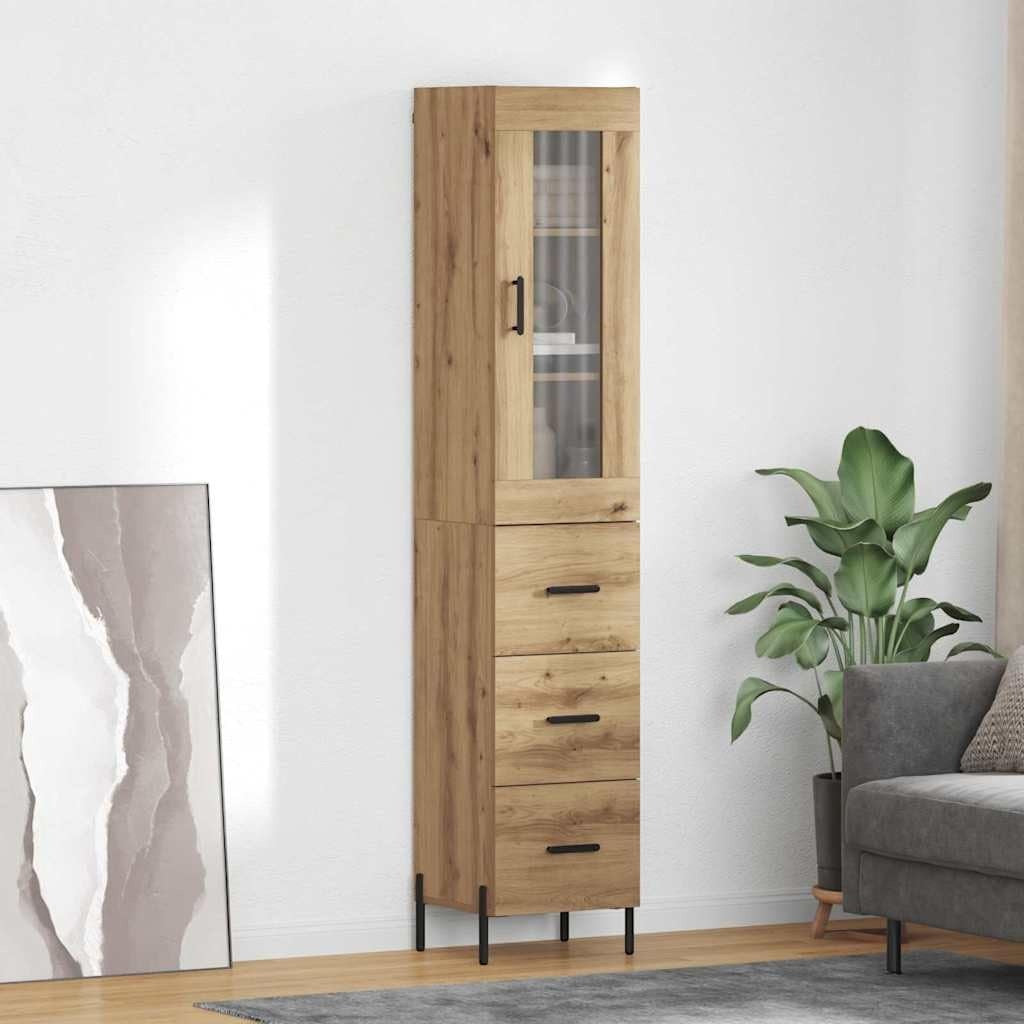 Armoire haute chene artisanal 180 cm avec pieds metal et plateau polyvalent, solution de rangement moderne pour cuisine ou salle a manger