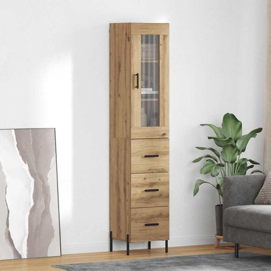 Armoire haute chene artisanal 180 cm avec pieds metal et plateau polyvalent, solution de rangement moderne pour cuisine ou salle a manger