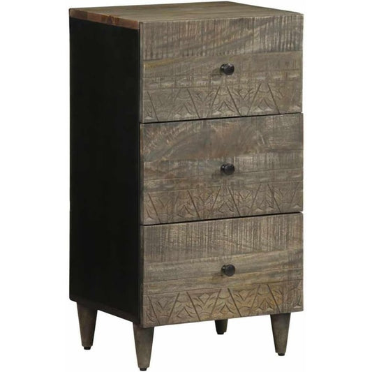 Buffet en manguier massif gris clair 40 x 33 x 75 cm avec 3 tiroirs, rangement multifonction et finition decorative