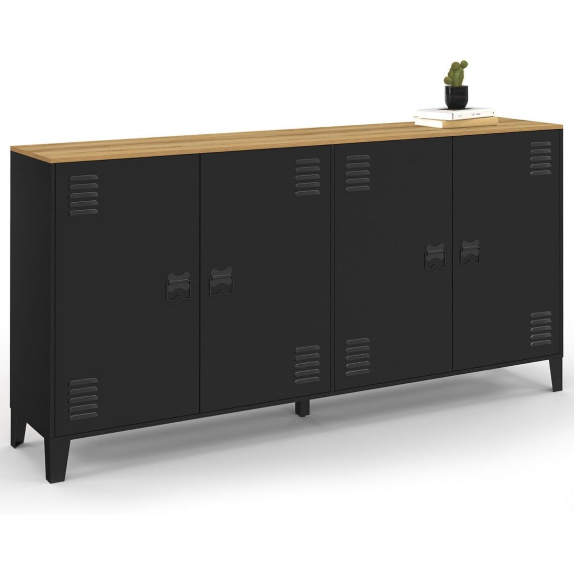 Buffet metal noir 160 cm avec plateau bois et finition industrielle contemporaine