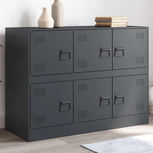 Buffet anthracite en acier 99 cm avec six compartiments et poignees metal, rangement robuste pour cuisine salon ou salle a manger
