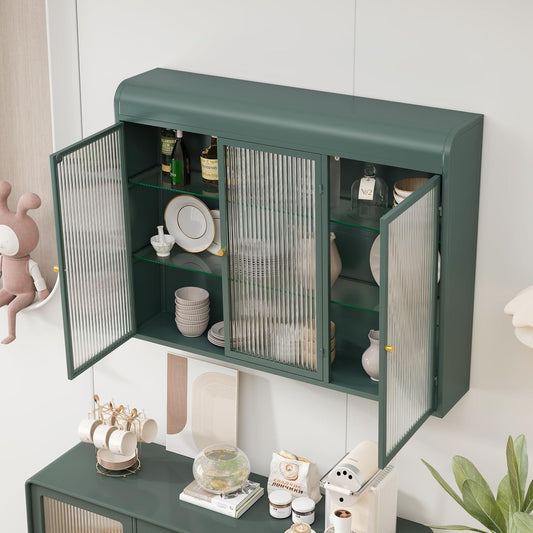 Armoire murale verte foncee avec trois portes en verre arque, rangement suspendu pour cuisine salon ou salle de bain