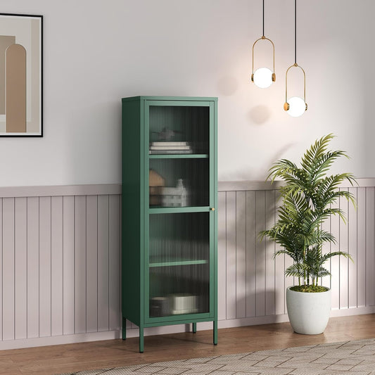 Armoire vitree industrielle en acier et verre 150 x 50 x 35 cm, finition vert fonce pour interieur contemporain