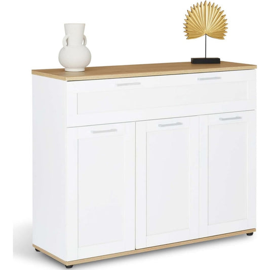 Meuble bas blanc avec plateau bois, trois portes et tiroir central
