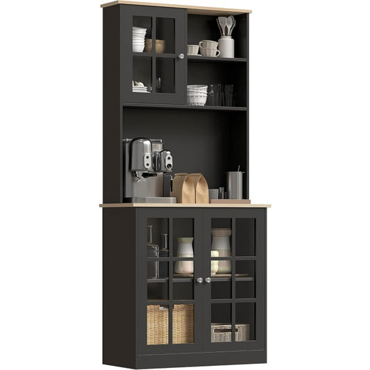 Armoire de cuisine haute avec plan de travail, trois portes vitrees, deux niches ouvertes et tablettes reglables, finition noir et chene